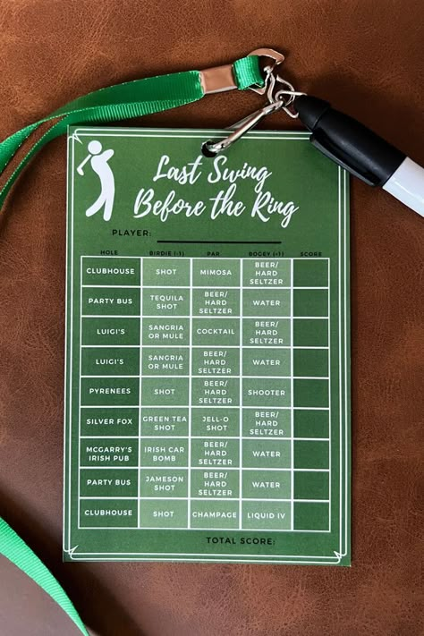 "Last Swing Before the Ring" bar golf. Perfect for Birthday parties, bachelorette parties, or just any gathering that involve a bar crawl. This scorecard is located in Bakersfield, CA for a co-ed bach party. Golf Scorecard Wedding, Masters Golf Party Games, Golf Theme Hen Party, Golf 21st Birthday, Golf Themed Bar Crawl, Golfing Bachelorette Party, Golf Themed Games, Couples Wedding Shower Golf Theme, Bachelor Golf Party