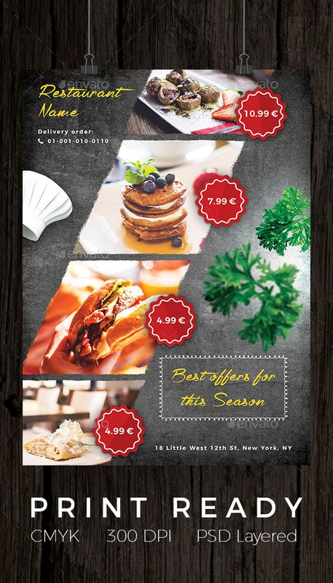 A modern, professional and clean flyer and poster template. Flyer template will help you to advertise your offer for fast food and/or small restaurant. Simplicity of the design allows to easaly manipulate with flyer template ¨C change text, colors and images. C Essen, Offer Poster Design Ideas, Offer Poster Design, Sample Flyers, Offer Poster, Restaurant Graphics, Restaurant Brochures, Brochure Food, Poster Design Ideas