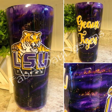 LSU Tumbler. Alcohol inks. Lsu Tumbler Cups, Lsu Tumbler, Tumblers Ideas, Purple Cups, Epoxy Tumblers, Glitter Tumbler Cups, Acrylic Tumbler, Glitter Tumblers, Custom Tumbler Cups