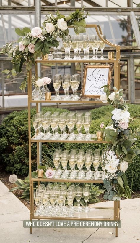 Champagne Wedding Entrance, Ceremony Champagne Table, Wedding Champagne Shelf, Champagne Shelf Display Wedding, Champagne Before Wedding Ceremony, Pre Ceremony Champagne, Champagne At Wedding Ceremony, Champagne Station Wedding, Champagne Stand Wedding