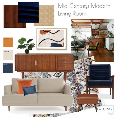 Mid Century Living Room Mood Board, Grey Mid Century Modern Living Room, Navy And Wood Living Room, Mid Century Modern Living Room Blue, Midcentury Modern Living Room Design, Mcm Living Room Ideas, Mid Century Modern Mood Board, Midcentury Modern Interior Design, Mid Century Modern Family Room