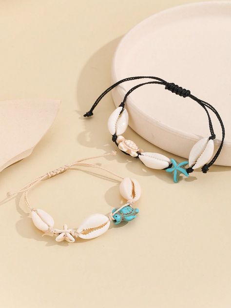 Multicolor  Collar  Shell   Embellished   Women Fashion Jewelry Collar Conchas, Shell Turtle, Beach Vacation Style, Watches Women Fashion, Vacation Style, Braided Bracelets, Starfish, Bracelet Set, Womens Bracelets