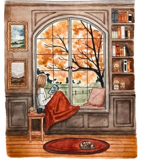 طابع بريدي, Autumn Illustration, Reading Art, Art And Illustration, Dreamy Art, Autumn Art, Autumn Cozy, Autumn Inspiration, The Window