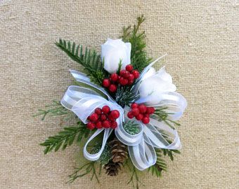 Christmas Wrist Corsages, Faux Flowers, Winter Wedding Floral, Pine and Berry Wristlet, White Rose Corsage, Mother of the Bride, Evergreen Christmas Wrist Corsage, Winter Wedding Corsage, Christmas Corsage Ideas, Ball Corsage, Corsage Wedding Mother, White Rose Corsage, Corsage Mother Of The Bride, Flowers Winter Wedding, Pinecone Bouquet