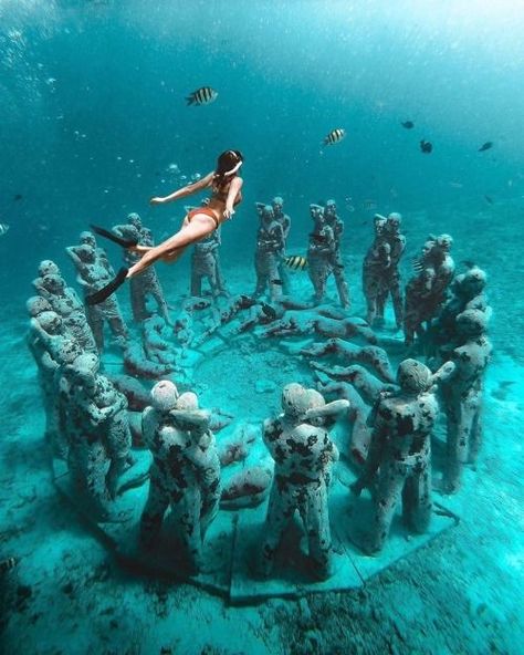 Coral reefs are living animal colonies that provide nesting places for fish and other under water creatures. They are important elements of our oceans’ eco systems and if destroyed, the fish will look for housing elsewhere and reduce food and tourism for the locals. Gili Meno, Underwater Sculpture, Middle Island, Bali Vacation, Gili Island, Girl In Water, Human Figures, Hauntingly Beautiful, Koh Tao