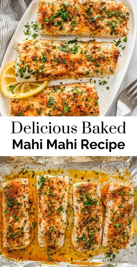 If you love the mild taste of white fish, you'll love this easy, baked mahi mahi recipe. You'll get a delicious fish that comes together in about 20 minutes!  Mahi Mahi has a wonderful mild flavor with a bit of sweetness and a nice, firm texture. Paired with butter, lemon, and just the right seasonings, then baked to perfection, it's a really tasty fish. Low Carb Recipes Fish, Lemon Dill Mahi Mahi, How To Make Mahi Mahi, Fish Mahi Mahi Recipes, Fish Recipes Easy Simple, Best Fish Dinner Recipes, Mahi Mahi Lemon Butter Sauce, Healthy Dinner Recipes For Two Fish, Mahi Mahi Recipes Easy