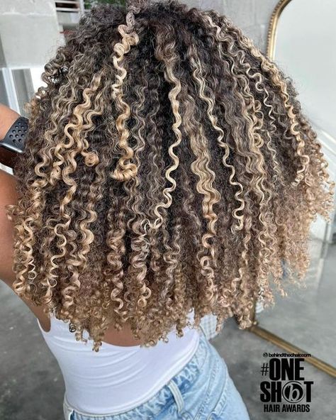 Brown With Blonde Highlights Natural Hair, Blonde Contrast Hair Highlights, Lowlights Placement, Blonde Tips Curly Hair, Blonde Highlights Curly Hair Black Women, Curly Hair With Blonde Streaks, Blonde On Curly Hair, Natural Hair Blonde Highlights, Blond Highlights On Brown Hair Curly