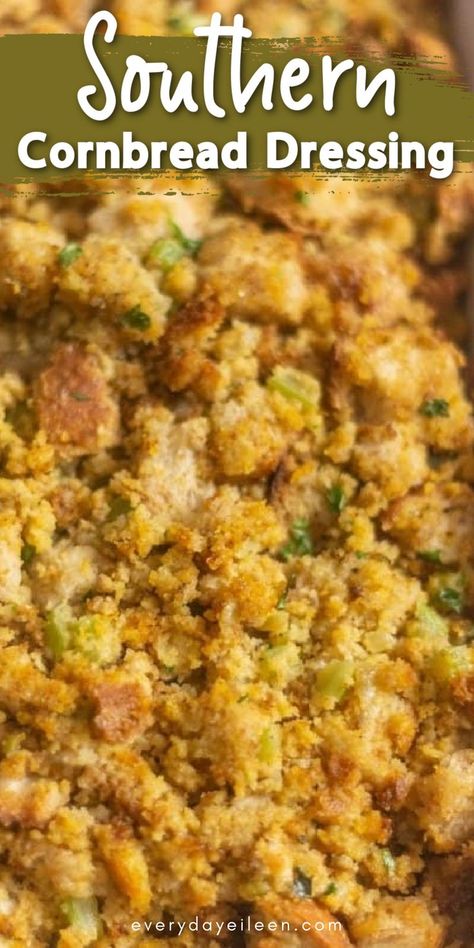 overhead image of cornbread stuffing with Pinterest overlay Best Southern Cornbread Dressing, Southern Dressing Recipe, Easy Southern Cornbread, Cornbread Southern, Homemade Cornbread Dressing, Southern Dressing, Dressing Thanksgiving, Southern Cornbread Dressing, Dressing Recipes Thanksgiving