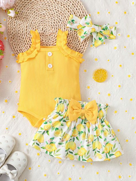 Yellow  Collar   Fruit&Vegetable,Plants  Embellished Slight Stretch  Newborn Baby Clothing Newborn Clothes Summer, Spring Baby Clothes, Classic Baby Clothes, Vegetable Plants, Baby Swimsuit, Summer Baby Clothes, Baby Dress Design, Kids Fashion Dress