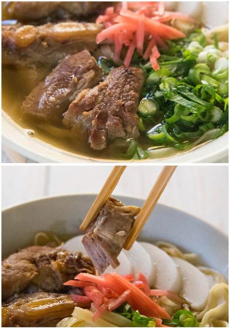 Zoomed in photos of simmered sōki in Sōki Soba. Okinawa Soba Recipe, Tender Pork Ribs, Soba Soup, Okinawa Food, Soba Recipe, Best Seller Books, Asian Soups, Slow Cooked Pulled Pork, Ramen Dishes