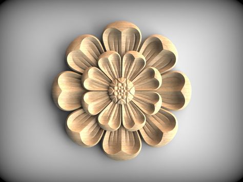 Ornate Wooden Carved Rosette, 1 piece, Unpainted  On these photos you can see product made from ash wood or 3d realistic render in Ash wood. You can choose kind of wood and size in "variations". The image showcases an exquisite wooden rosette, masterfully carved into a multi-petaled flower design. Each petal is meticulously shaped to create a harmonious and symmetrical pattern, centered around a detailed focal point that resembles the heart of a flower. The craftsmanship of the carving is eviden Flower Carving Patterns, Wooden Carving Design, Relief Carving Patterns, Realistic Render, Wooden Trim, Wood Carving For Beginners, Symmetrical Pattern, Wood Wall Art Decor, Flower Sculptures