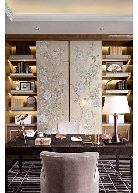 Library Hidden Desk Chinese Interior Design, Chinese Interior, Home Theaters, Wall Panel Design, Desk And Chair, Real Estat, Asian Homes, Asian Home Decor, Asian Decor