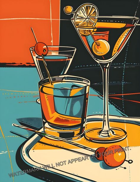 Cocktail Liquor Drinks Retro Mid Century Modern Martini Bar Art Print 8.5X11 Vintage Party Art, Mid Century Cocktail Bar, Mid Century Modern Drawing, Mid Century Modern Kitchen Art, Retro Bar Poster, Art For Bar Cart, Mid Century Modern Art Painting, Retro Art Poster, Lounge Bar Aesthetic