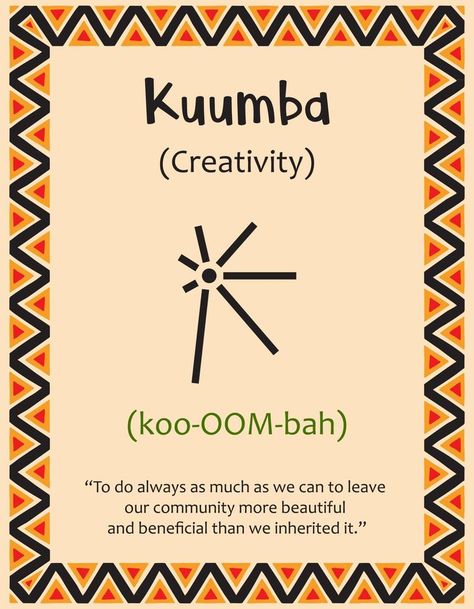 A card with one of the Kwanzaa principles. Symbol Kuumba means Creativity in Swahili. Poster with sign and description. Ethnic African pattern in traditional colors. Vector illustration Soulaan Culture, African Culture Art, African Illustration, Kwanzaa Principles, Happy Kwanzaa, Holiday Inspo, Vector Brush, Symbols And Meanings, Food Business