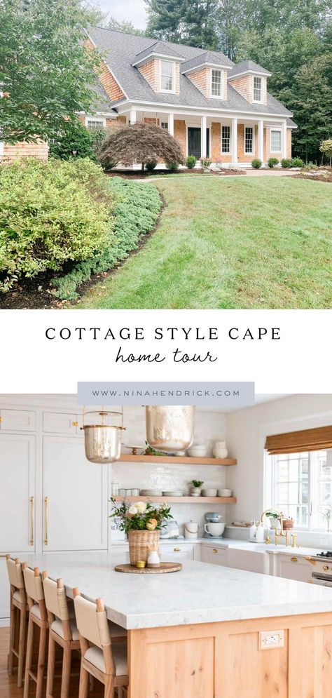 Cape Cod Window Treatments, Cape Cod Home Exterior Colors, Cape Cod Makeover, Shaker Style Exterior Homes, Cape Cod House Exterior Porch, Cape Cod Style Exterior, Cape House Kitchen, Cape Cod Farmhouse Interior Design, Cape Cod Design