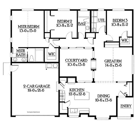 Home Plans HOMEPW05342 - 1,552 Square Feet, 3 Bedroom 2 Bathroom Craftsman Home with 2 Garage Bays House Plans With An Atrium, House Plans With Center Courtyard, Small House Plans With Courtyard, Small House With Courtyard Floor Plans, Mexican Courtyard House Plans, Square House With Courtyard In Middle, Homes With Interior Courtyards, Cottage With Courtyard, Small House With Courtyard