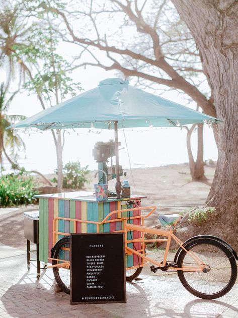 The cutest shaved ice cart on Maui! Shave Ice Cart, Shaved Ice Cart, Shaved Ice Stand, Shave Ice Stand, Hawaiian Ice, Oahu Elopement, Activation Ideas, Ice Party, Ice Play