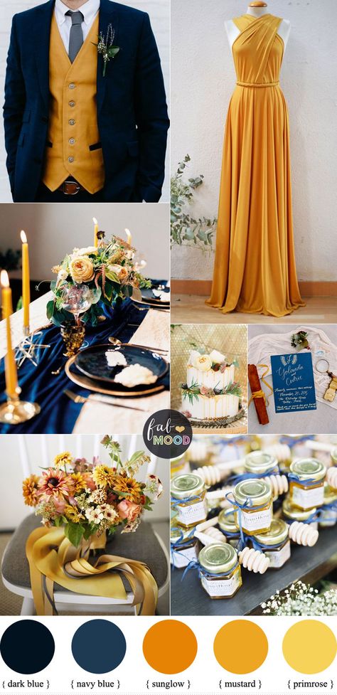 Mustard Yellow Wedding, Fall Color Combinations, Blue Yellow Weddings, Mustard Wedding, Yellow Wedding Colors, Spring Wedding Outfit, Yellow Pantone, Primrose Yellow, Yellow Wedding Theme