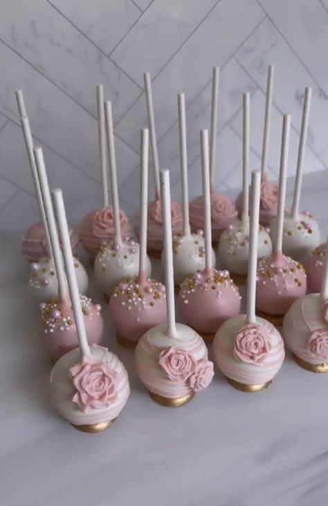 Pink And Gold Cakepops, Pink White And Gold Cake Pops, Cake Pop Quinceañera, Blush Pink Cake Pops, Blush Cake Pops, Pink Champagne Cake Pops, Quinceanera Cake Pops, Wedding Dessert Cake Pops, Dusty Pink Cake Pops