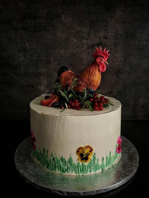 cake for an avid poultry farmer. modeled rooster from saracino Rooster Cake Design, Chicken Cake Design, Rooster Cake, Chicken Cakes, Cookie Recipes For Kids, Chicken Cake, Rooster Design, Birthday Sheet Cakes, Farm Cake