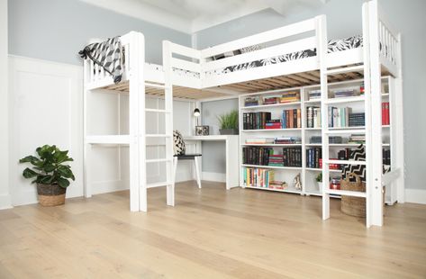 Corner Loft Bed, Double Loft Bed, Corner Loft Beds, Corner Twin Beds, Corner Bunk Beds, Corner Loft, Shared Girls Room, Diy Loft Bed, Loft Bunk Beds