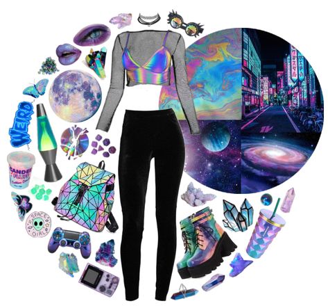 Intergalactic Outfit Ideas, Retrowave Outfit, Intergalactic Outfit, Aliencore Outfit, Space Outfit Aesthetic, Spiderwoman Oc, Vaporwave Aesthetic Fashion, 2020s Fashion Trends, Vaporwave Aesthetic Outfits