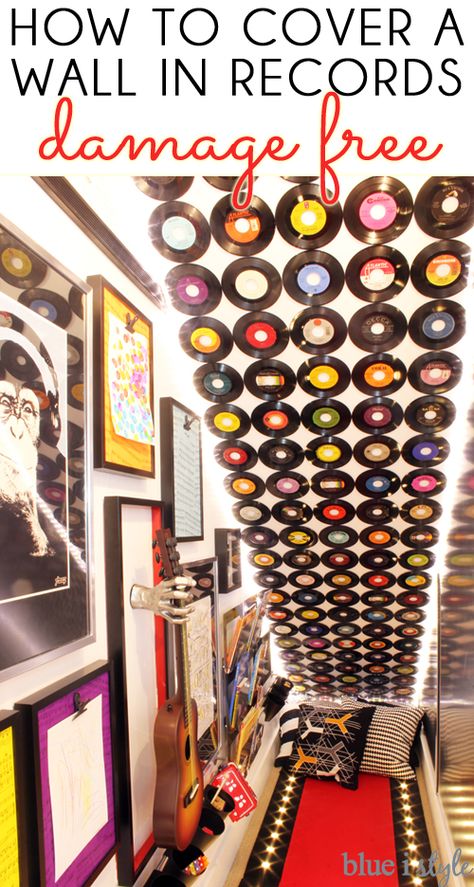 RECORD FEATURE WALL! Covering an entire ceiling or wall in vinyl records makes a major statement in a music room or playroom! Learn how to hang the records completely damage free using Command products. Vinyls On Wall, Basement Wall Colors, Under Stairs Playroom, Casa Rock, Custom Record, Music Themed Rooms, Record Crafts, Record Room, Music Room Decor