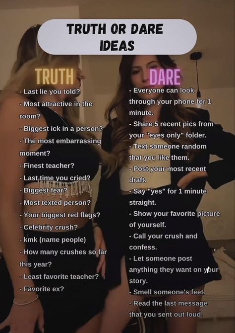 Truth Or Dare Questions For Best Friends At A Sleepover, Sleepover Ideas Truth Or Dare, Sleepover Hangout Ideas, What To Do Sleepover Ideas, What To Do On Sleepovers Ideas, Ideas To Do On A Sleepover, Truth Or Dares To Do With Friends, Good Dare Ideas, Dare Ideas For Friends