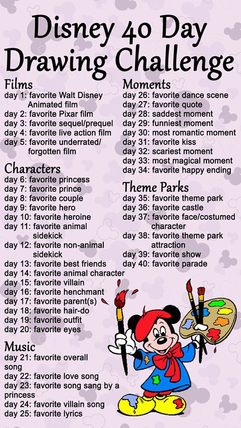 Disney 40 Day Drawing Challenge Disney Art Challenge, Disney Drawing Challenge, Disney Drawing, Challenge Ideas, Pixar Films, Disney Day, Romantic Moments, Action Film, Disney Films