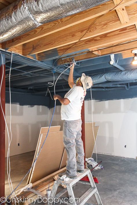 Painted Basement Ceilings, Drop Ceiling Basement, Basement Ceiling Ideas Cheap, Cheap Basement Ideas, Unfinished Basement Ceiling, Exposed Basement Ceiling, Basement Ceiling Painted, Basement Ceilings, Industrial Basement