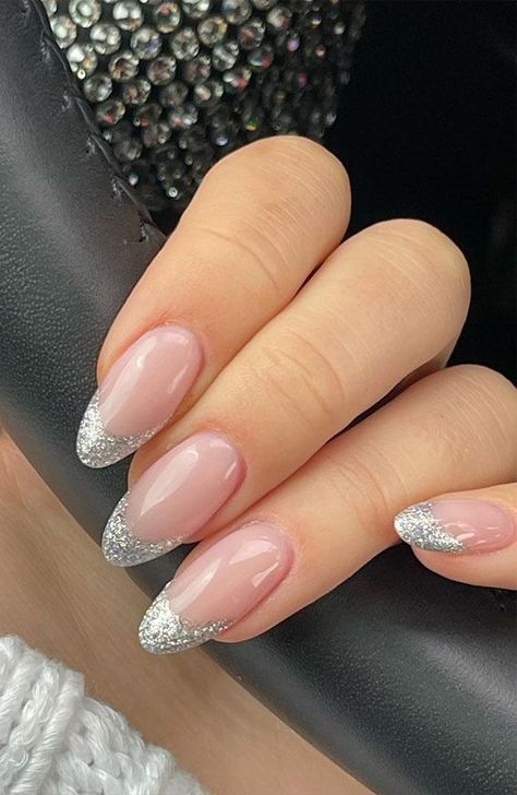 Glitter French Nails, Almond Nails French, Silver Nail Designs, Nails For Bride, Silver Glitter Nails, Formal Nails, Silver Nail, Winter Nails Acrylic, Nagel Tips