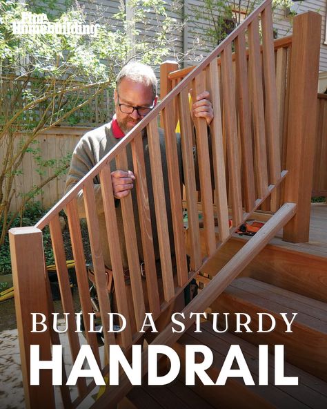 In the final installment of this three-part series on building deck stairs, Kevin Manning, project manager at Red House Design, talks through adding the final piece of the stairs: hardwood railings. The railings were assembled in sections, secured to a bottom rail, and then topped with a molded handrail for a professional finish. Diy Deck Stair Railing, Building Deck Railing, Stairs Hardwood, Building Deck, Porch Handrails, Exterior Handrail, Deck Handrail, Deck Stair Railing, Outdoor Handrail