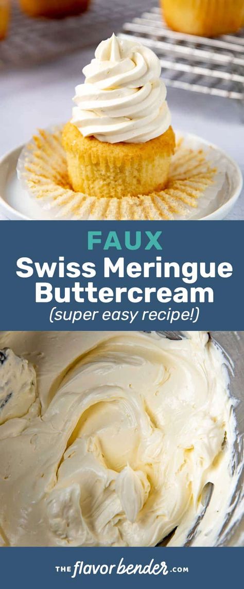 This faux swiss meringue buttercream is quick and easy! You can make it with carton egg whites, or even with raw egg whites that won't whip into a meringue. A buttery, light, and delicious vanilla frosting. #TheFlavorBender #SwissMeringueButtercream #VanillaFrosting #VanillaButtercream Swiss Meringue Buttercream Using Meringue Powder, Keto Swiss Meringue Buttercream, Easy Swiss Buttercream Frosting, White Chocolate Swiss Buttercream, Egg White Buttercream Frosting, Swiss Meringue Buttercream Pasteurized Egg Whites, Easy Swiss Meringue Buttercream Recipe, No Cook Swiss Meringue Buttercream, Egg White Frosting Recipe