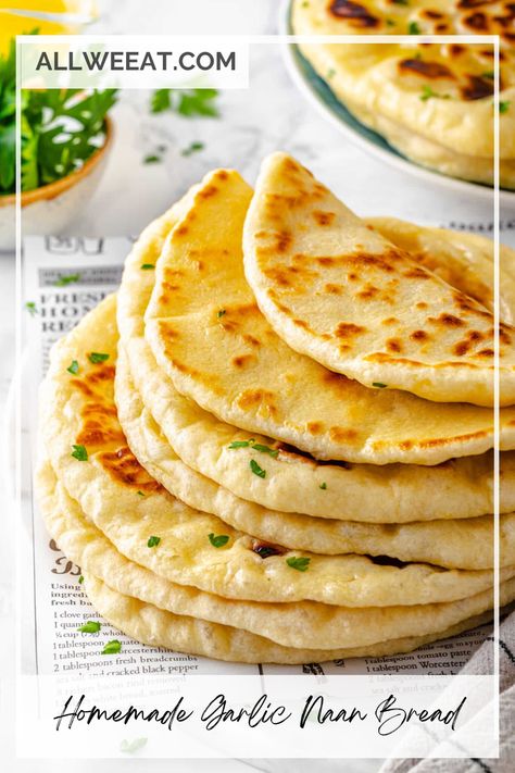 🍞🌿 Make delicious Homemade Garlic Naan Bread right in your kitchen! Soft, fluffy, and infused with aromatic garlic, this naan is perfect for pairing with your favorite curries, stews, or simply enjoying on its own. Easy to make with pantry staples, it’s a great way to elevate your dinner or family meals. Ready in under an hour and sure to impress! 🌟 #GarlicNaan #HomemadeBread #EasyRecipes #IndianCuisine #FluffyNaan #DinnerIdeas #BakingFromScratch Naan Garlic Bread, Nan Bread, Naan Bread No Yogurt, Easy Naan Bread, Easy Garlic Naan Bread, Naan Bread Recipe, Garlic Butter Naan Recipe, Butter Garlic Naan, Garlic Naan Bread Recipe