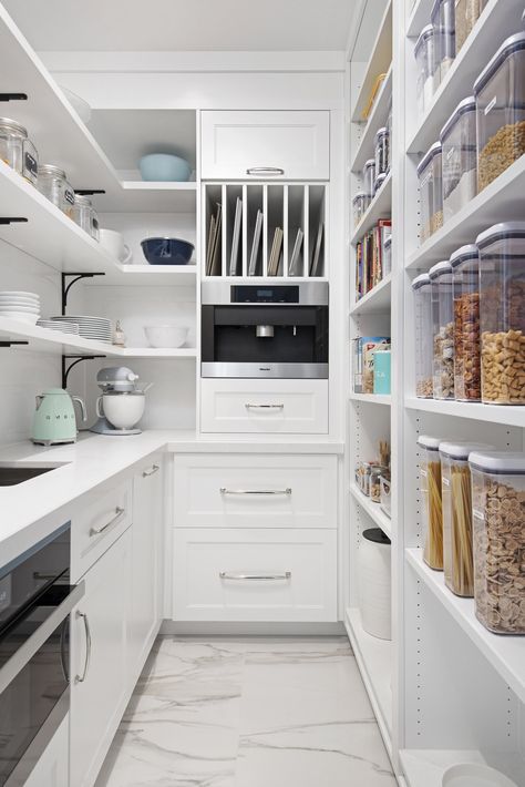 Butlers Pantry With Double Oven, Luxury Butlers Pantry, L Shape Butlers Pantry, L Shaped Walk In Pantry, Walk In Pantry With Microwave, Skullery Kitchen Pantries, Pantry With Appliances, Walk In Pantry With Sink, Butlers Pantry Layout