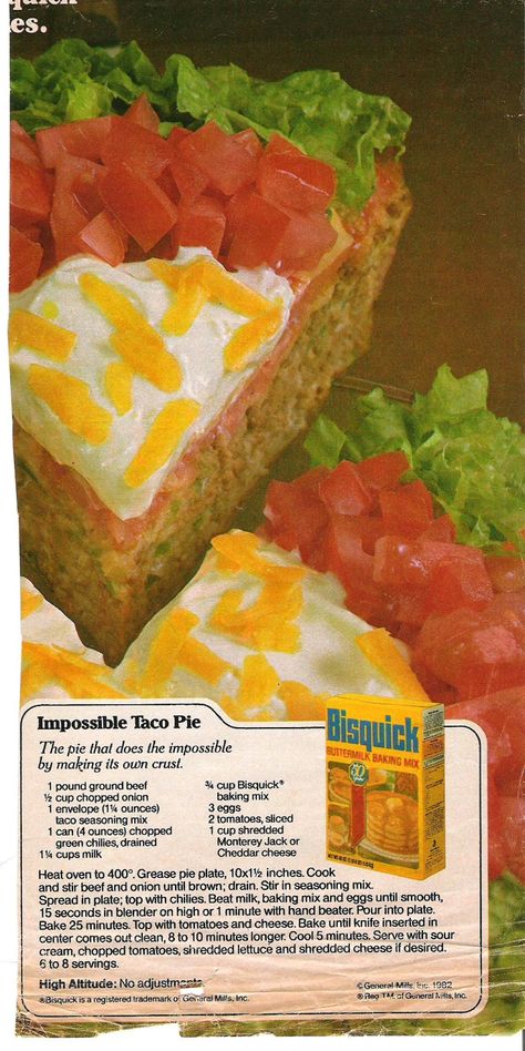 Taco Pie With Bisquick, Impossible Taco Pie, Impossible Recipes, Impossible Pies, Taco Pie Recipes, Impossible Pie, Taco Pie, Bisquick Recipes, Amish Recipes