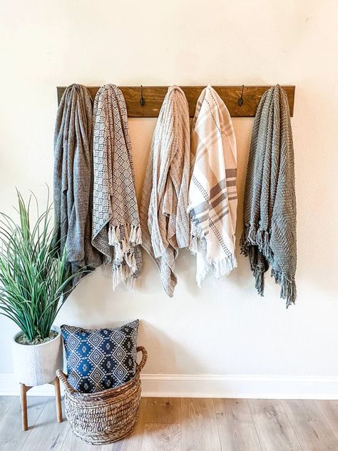 Hanging Blankets On Wall, Blanket Holder, Blanket Wall, Blanket Rack, Living Room Blanket, Blanket On Wall, Dog Leashes, Coat Rack Wall, Blanket Storage