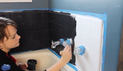 How to Paint Over That Ugly Bathroom Tile DIY Paint Shower Tile Black, Painting Old Bathroom Tile, Paint Bathtub, Bathtub Makeover, Ugly Bathroom, Bathroom Makeover On A Budget, Painted Shower Tile, Bathroom Cabinet Makeover, Bathroom Tile Diy