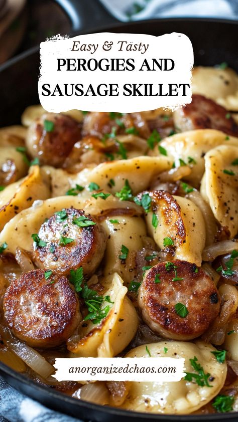 Classic Perogies and Sausage Skillet Sausage And Perogies Recipes Crockpot, Bavarian Sausage Recipes, Recipes That Use Breakfast Sausage, Recipes With Pierogies Dinners, Pierogi Sausage Casserole, Mrs T Perogies Recipe, Sausage Skillet Meals, Polish Sausage And Perogies, Dinners For 3 People