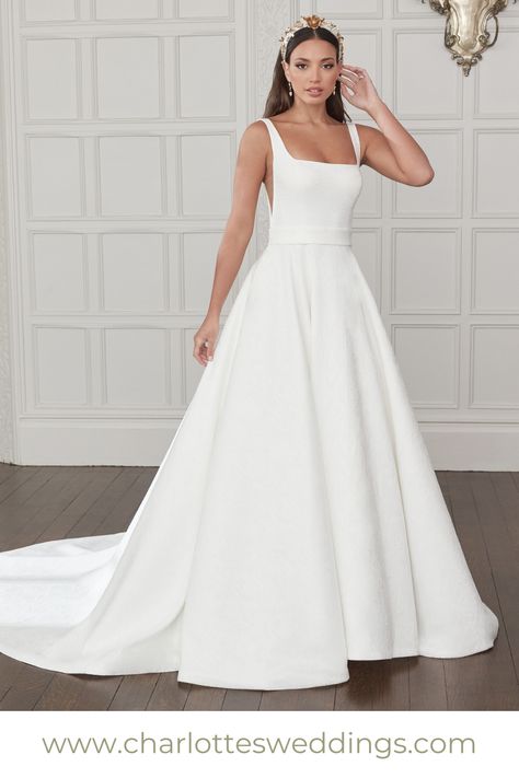 Feel like royalty wearing this ballgown wedding dress from Sincerity Bridal! With a modern square neck, this dress is made from a stunning broacde fabric for a unique and chic design. Charlotte's is the best wedding dress shop in Portland, Oregon with the largest selection of wedding dresses in PDX. Find plus size, a line, fit and flare, beaded wedding dresses and so much more! Shop bridal accessories, veils, jewelry and bridal merch! Square Neck Wedding Dress With Belt, In White Bridal Lancaster, Square Neck Jewelry, Square Neck Ball Gown Wedding Dress, Sincerity Wedding Dress, Square Neck Wedding Dress, Kelsey Rose, Sincerity Bridal, Court Train Wedding Dress