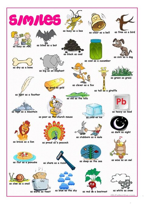 Similes Picture Dictionary - English ESL Worksheets for distance learning and physical classrooms Similes List, Dictionary Worksheets, Degrees Of Adjectives, Simile Activities, Simile Worksheet, English Grammar For Kids, Similes And Metaphors, Grammar For Kids, Teaching English Grammar