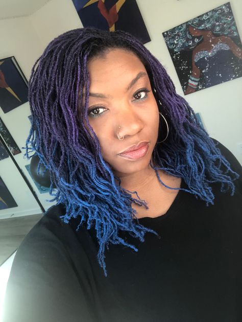 Blue Sisterlocks, Blue And Purple Locs, Purple Sisterlocks, Midnight Blue Locs, Purple Locs Black Women, Microlocs Inspiration, Dyed Locs, Colored Locs, Locs Journey