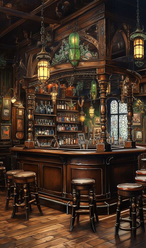 British Pub Interior Old English, Victorian Pub Interior, Tavern Coffee Shop, Pub Style Dining Room, Gothic Hacienda, Academia Coffee Shop, Irish Pub Aesthetic, Tavern Exterior, 30s Decor