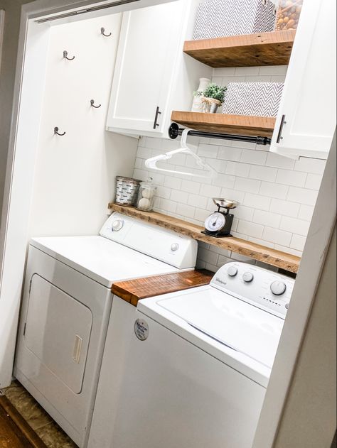 Laundry Room Ideas Storage Cabinets, Too Loader Laundry Room Ideas, Storage In Laundry Room Small Spaces, Small Laundry Area In Kitchen, Small Bathrooms With Laundry Area, Small Laundry Room Design With Window, Top Loader Laundry Closet, Small Space Laundry Closet, Laundry Nook Hallways