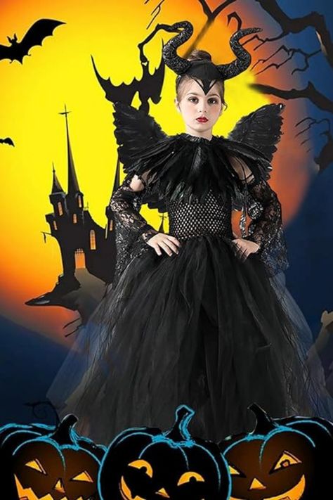 Disfraz de Maléfica Niñas, Maleficent Costume para Niños, Vestido de Reina Malvada con Tocado de Cuernos y Charreteras de Capa de Alas Negras para Carnaval Halloween Cosplay Fiesta #halloween #malefica #disfracesoriginales Fiesta Halloween, Maleficent Costume, Maleficent, Halloween Cosplay, Halloween Costumes, Halloween