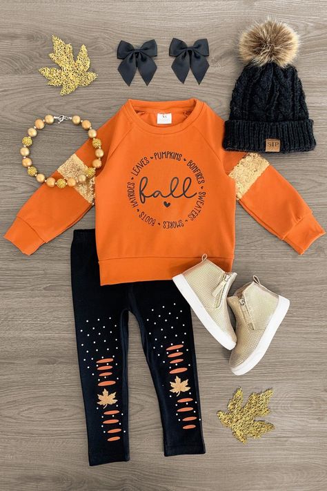 Fall... Orange Sequin Legging Set - Sparkle in Pink Kids Fall Clothes, Fun Bows, Toddler Fall Fashion, Fall Baby Clothes, Sequin Leggings, Sparkle In Pink, Fall Orange, Girls Fall