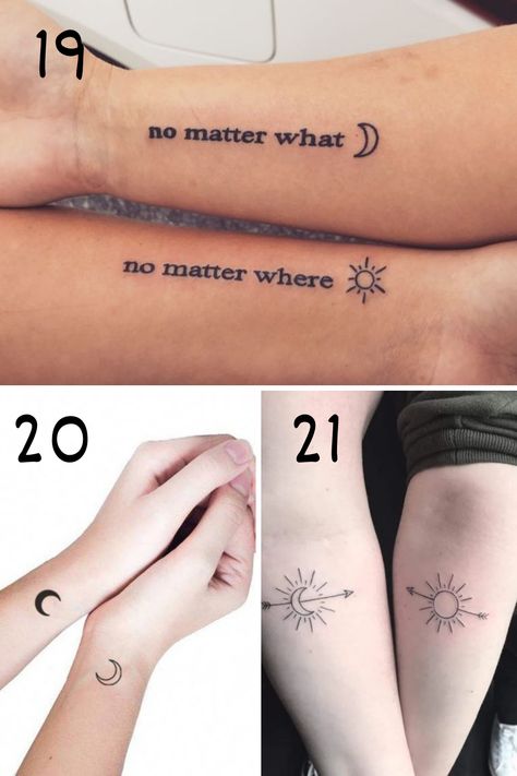 Perfectly Balanced Sun and Moon Matching Tattoos - TattooGlee Best Friend Tattoos Shoulder, Twinning Tattoos For Friends, His And Her Matching Tattoos, Twins Tattoos Ideas, Matching Letter Tattoos, Twinning Tattoos Couple, Unique Matching Tattoos Sisters, Sun And Moon Tattoo Small Best Friends, Sun And Moon Tattoo Best Friend