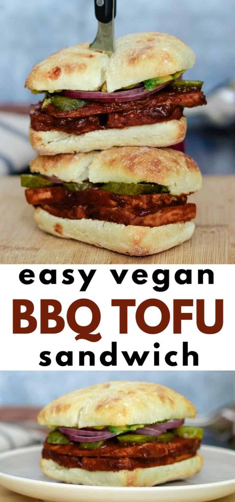 This easy baked BBQ tofu sandwich is made with crispy oven-baked tofu, pickles, onions, and optional avocado or mayo. Includes homemade vegan barbecue sauce marinade recipe, but can be made with store-bought BBA sauce too. Easy to put together whenever a craving for Southern-style vegan comfort food hits! #veganrecipes #veganbbq #veganbarbecue #vegansummerrecipes #vegan4thofjuly #veganlaborday #vegancomfortfood #vegetarian #tofurecipes Barbecue Tofu Sandwich, Paninis, Bbq Tofu Sandwich, Vegan Bbq Tofu, Vegan Bbq Sauce Recipe, Mcrib Sandwich, Veggie Lunches, Soy Curls Recipes, Vegan Copycat