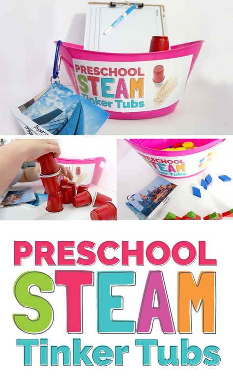 Introduce a STEM mindset with Tinker Tubs! An easy way to get started with engineering for preschoolers. Stem Preschool, Preschool Steam, Stem Bins, Stem Boxes, Homeschool Stem, Pre-k Science, Stem Centers, Stem Activities Preschool, Kindergarten Stem