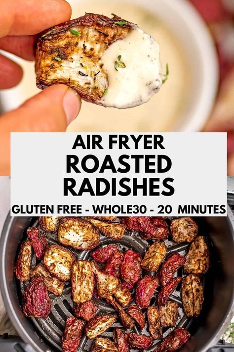 Air fryer radishes are a quick and easy side dish perfect for any meal! A great low carb alternative to potatoes, these air fryer radishes are ready in 20 minutes and vegan, gluten free, paleo and Whole30 friendly. Air Fryer Radishes, Fried Radishes, Trim Healthy Recipes, Roasted Radishes, Radish Recipes, Air Fried Food, Low Carb Sides, Delicious Gluten Free Recipes, Low Carb Side Dishes